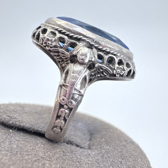 VTG Sterling Silver 925 Blue Cubic Zirconia Rope Border Statement Ring Size 6 - Picture 5 of 12